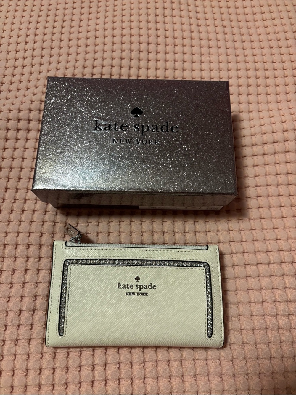 kate spade ivory leather zip card wallet with crystal trim